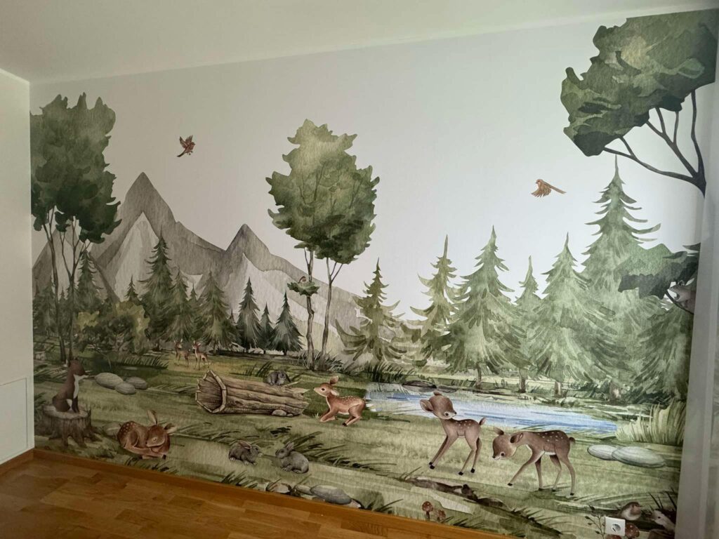 Kids room wallpaper with deer and green landscape. Accent wall wallpaper for children