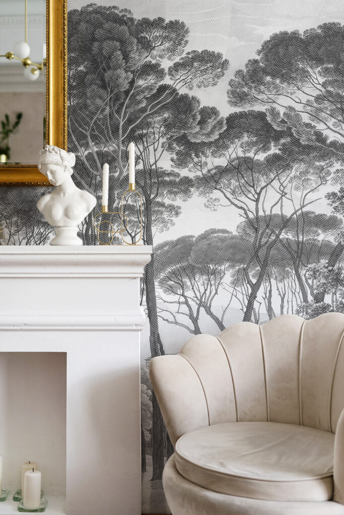 Mural wallpaper with elegant pine trees. Greyscale, easy to match with rest of living room decor. Baubauwall Wallpapers