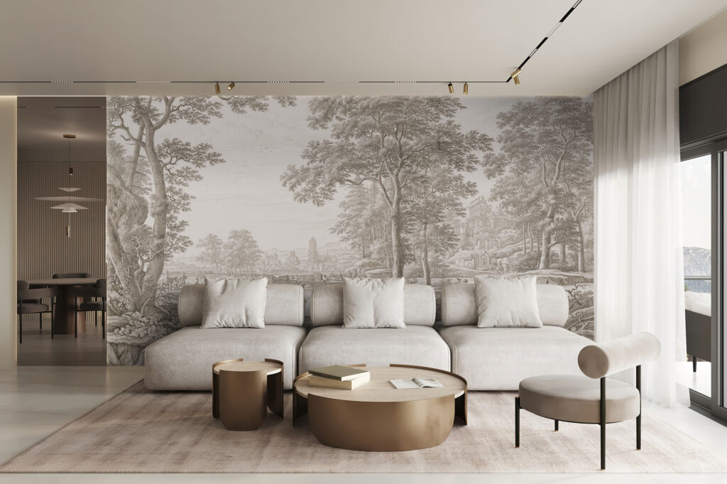 Living room wall with gorgeous panoramic mural wallpaper by Baubauwall