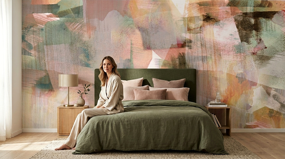 Bedroom designer mural wallapper in pink, green and beige colors. The mural wallpaper is bold, contemporary and paired with moss green furnishings. | Baubuawall tapeedid