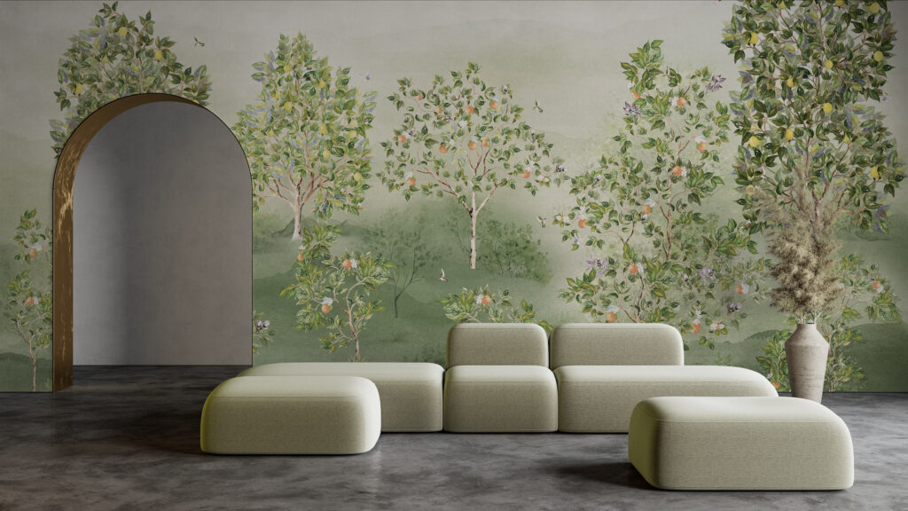 handmade wallpaper. Light botanical wall mural with hand-painted citrus trees and soft green meadow background in a minimal interior.