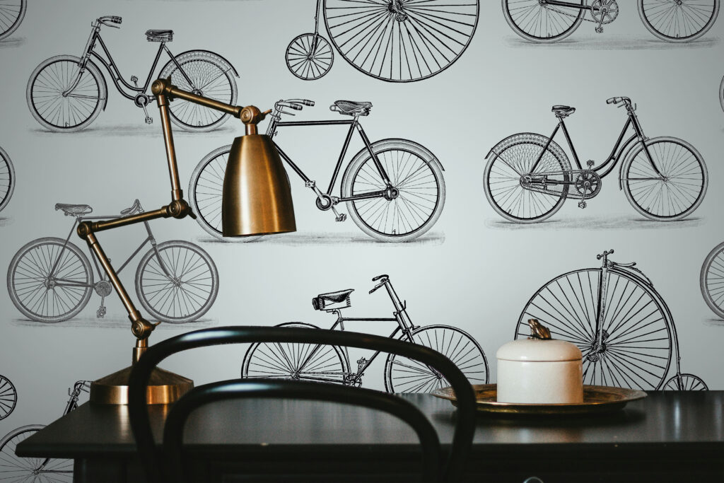 Living room wall with blue bicycle wallpaper on the feature wall. Baubauwall Custom Printed Wallpapers