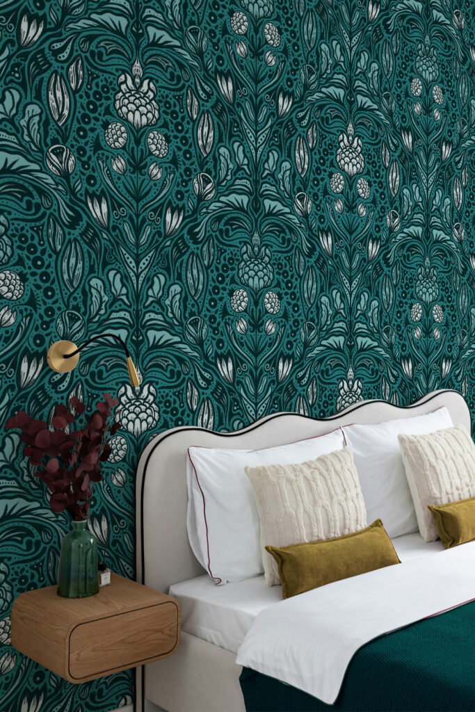 Magamistoa tapeet petrol sinise toonis. Teal green blue wallpaper pattern with heritage style pattern. Paired with petrol and pink furnishings | Tapeedid - magamistuppa, alutuppa või mujale