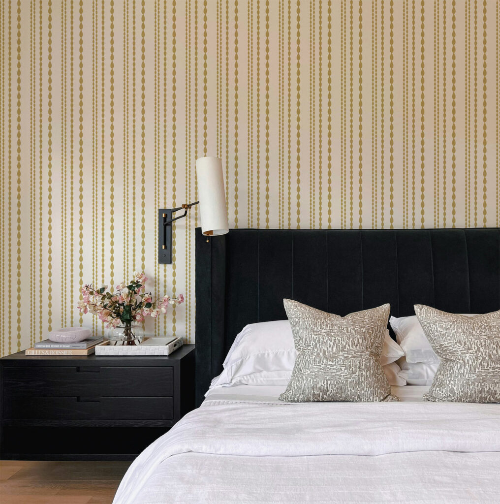 striped wallpaper for bedroom, matched with black bed headboard. Baubauwall Wallpapers