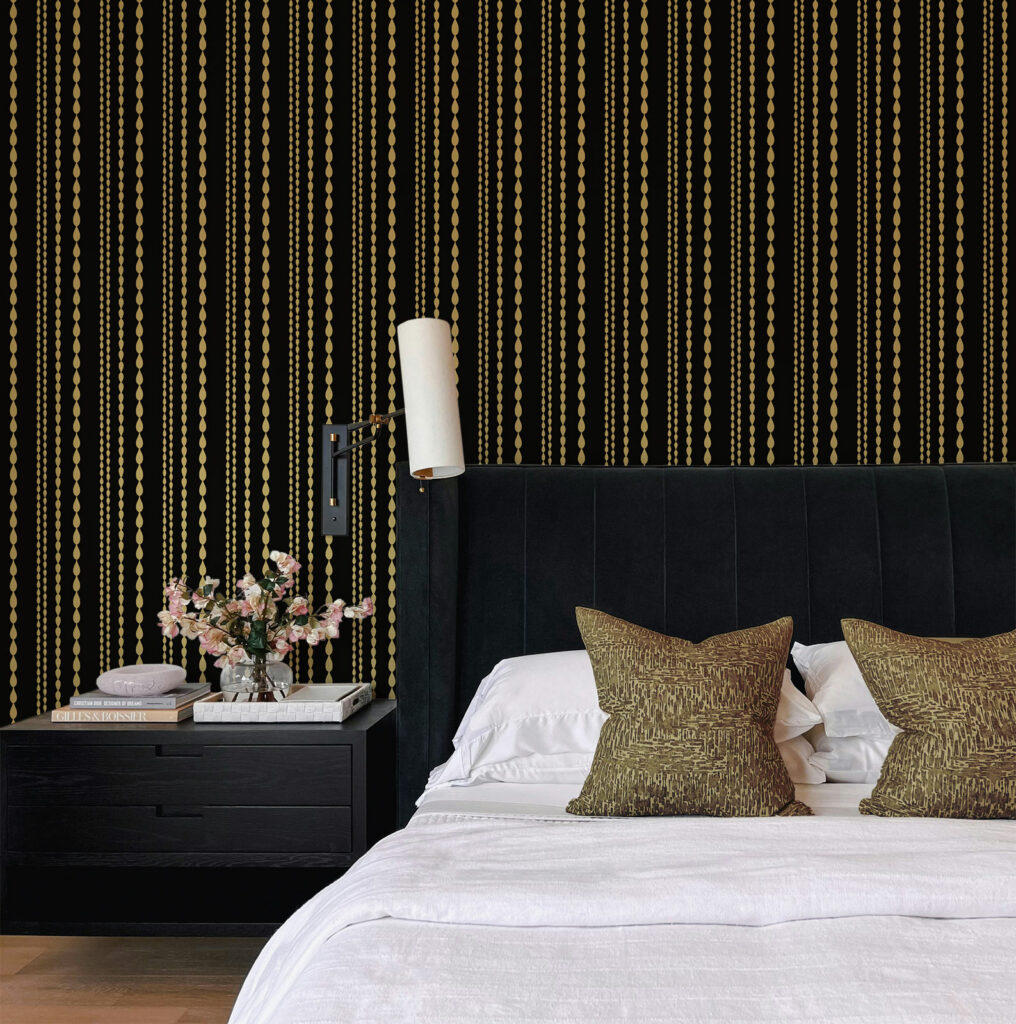 Black striped wallpaper for bedroom by Baubauwall Wallpapers. Paired with black velvet bed