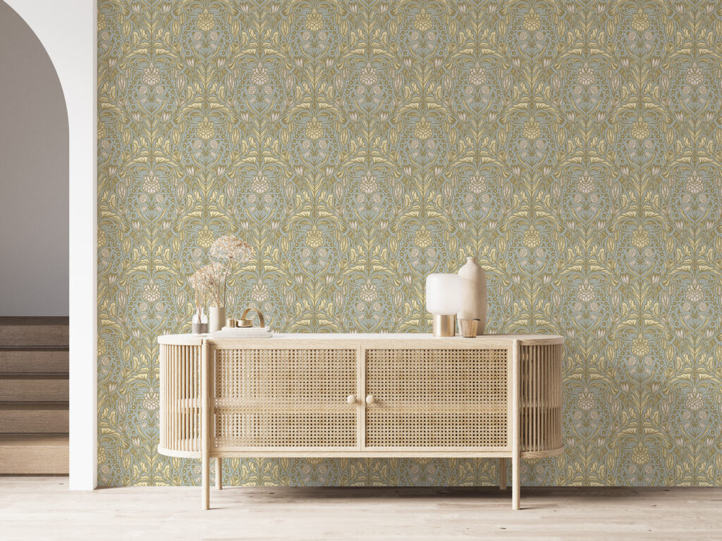 Damask style heritage wallpaper for living room by Baubauwall Wallpapers.