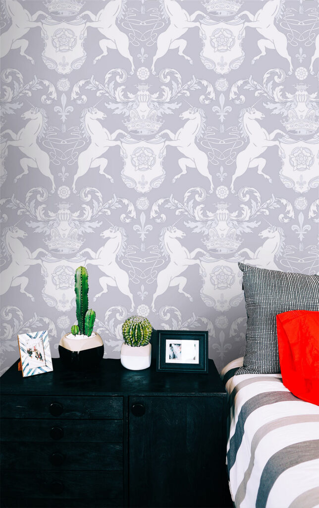 Grey unicorn wallpaper with unicorns. Damask style wallcovering for bedroom by Baubauwall