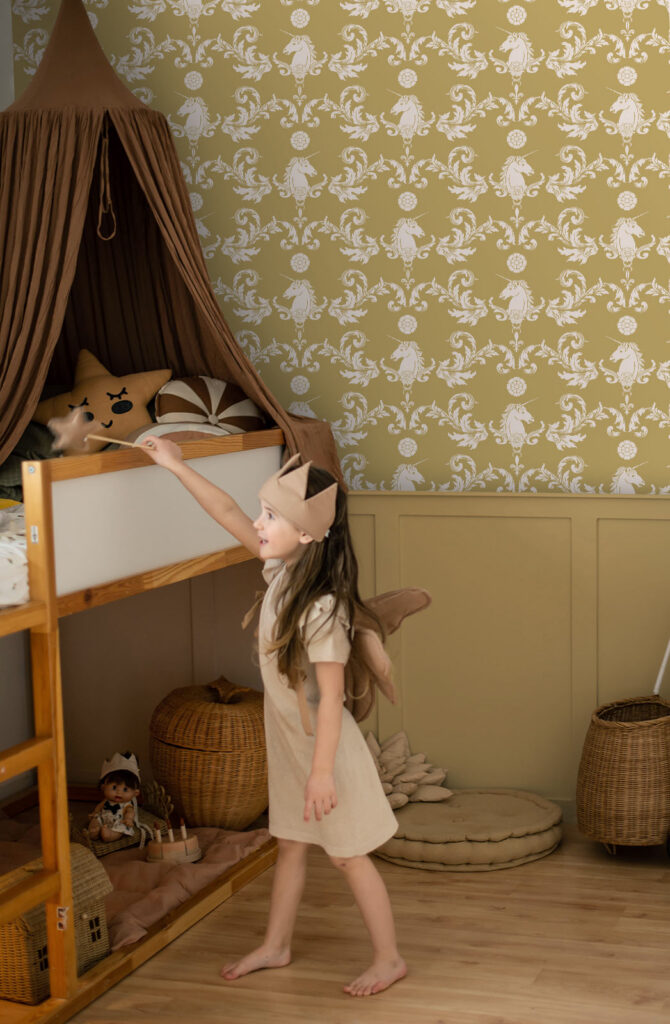 Kids room wallpaper in dark beige with unicorns by Baubauwall Wallpapers