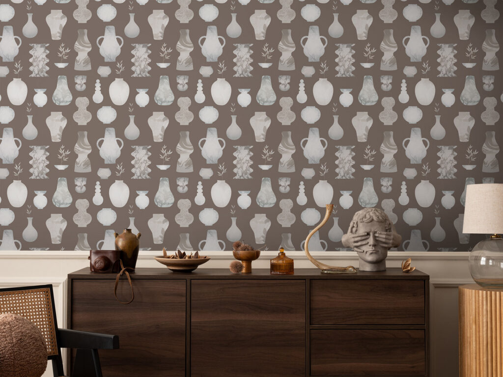 Brown repeat patter wallpaper with Japanese pottery. Non-woven wallpaper material
