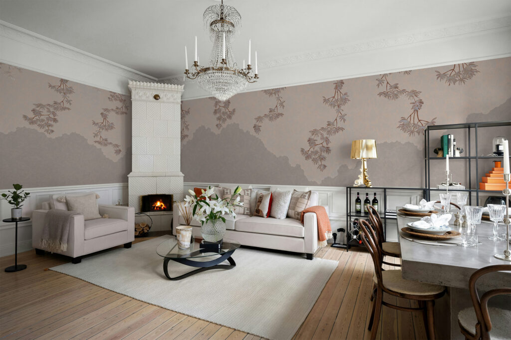 Elutoa beež tapeet | Beige japandi mural wallpaper set on a living room wall with matching light Scandi furniture | Baubauwall Wallpapers