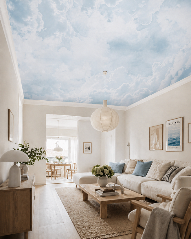 Soft clouds mural wallpaper on a living room ceiling. Baubauwall Wallpapers