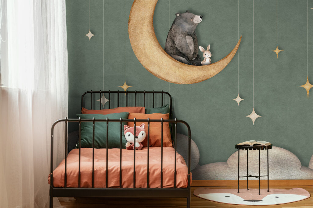 Green wallpaper mural for kids room. Children bedroom feature wall with wall mural depicting a moon and bear living there! Baubauwall Wallpapers