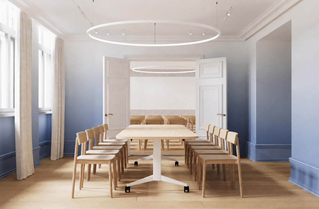 Lighrblue gradient effect wallpaper. Estonian Embassy in Copenhagen, designed by Argus Studio. Wallpaper: Baubauwall