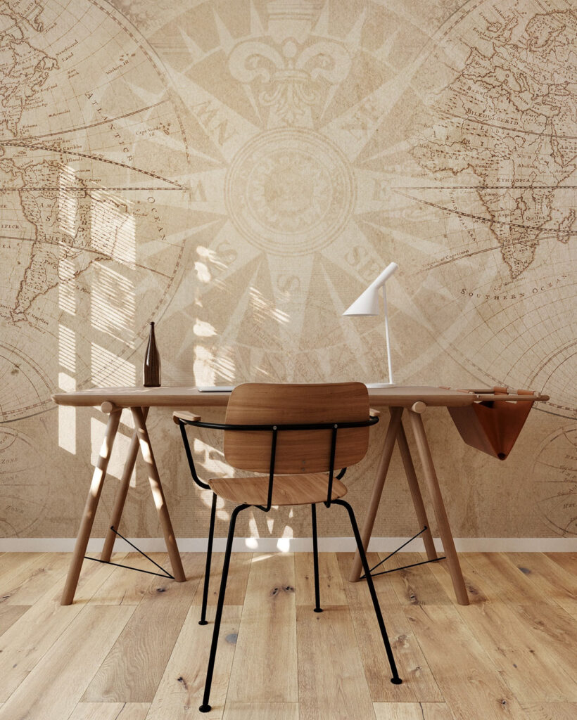 Vintage world map wall mural with antique cartography, compass details and soft sepia tones. A made-to-measure map wallpaper for home offices, studies, living rooms and boutique interiors. Baubauwall Wall Murals and Photo Murals